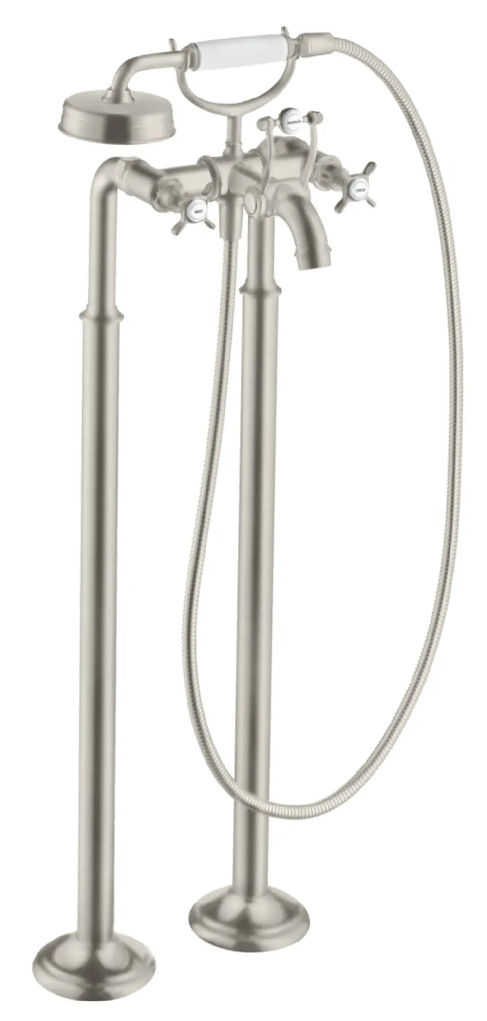 Bodenstehende Armatur mit zwei Kreuzgriffen aus Edelstahl-Optik. Entworfen von AXOR für Wanneninstallationen, mit flexibler Handbrause und einfacher Bedienung.